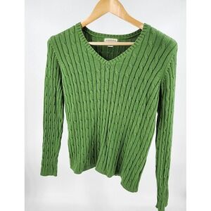 St Johns Bay Womens Size L Cable‎ Knit V Neck Long Sleeve Sweater Green Preppy